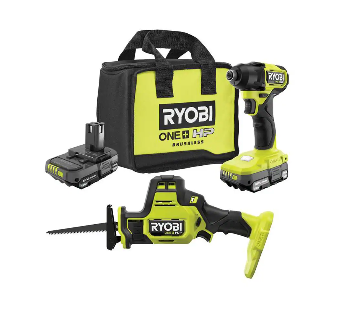 RYOBI PSBID01K-PSBRS01B ONE+ HP 18V Brushless Cordless Compact 1/4 in. Impact Driver and One-Handed Recip Saw Kit with (2) Batteries， Charger