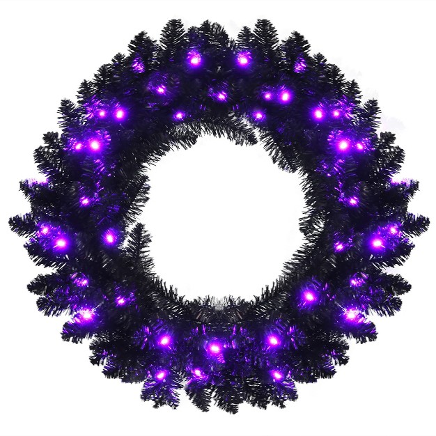 Costway 24inch Pre lit Christmas Halloween Wreath Black W 35 Purple Led Lights