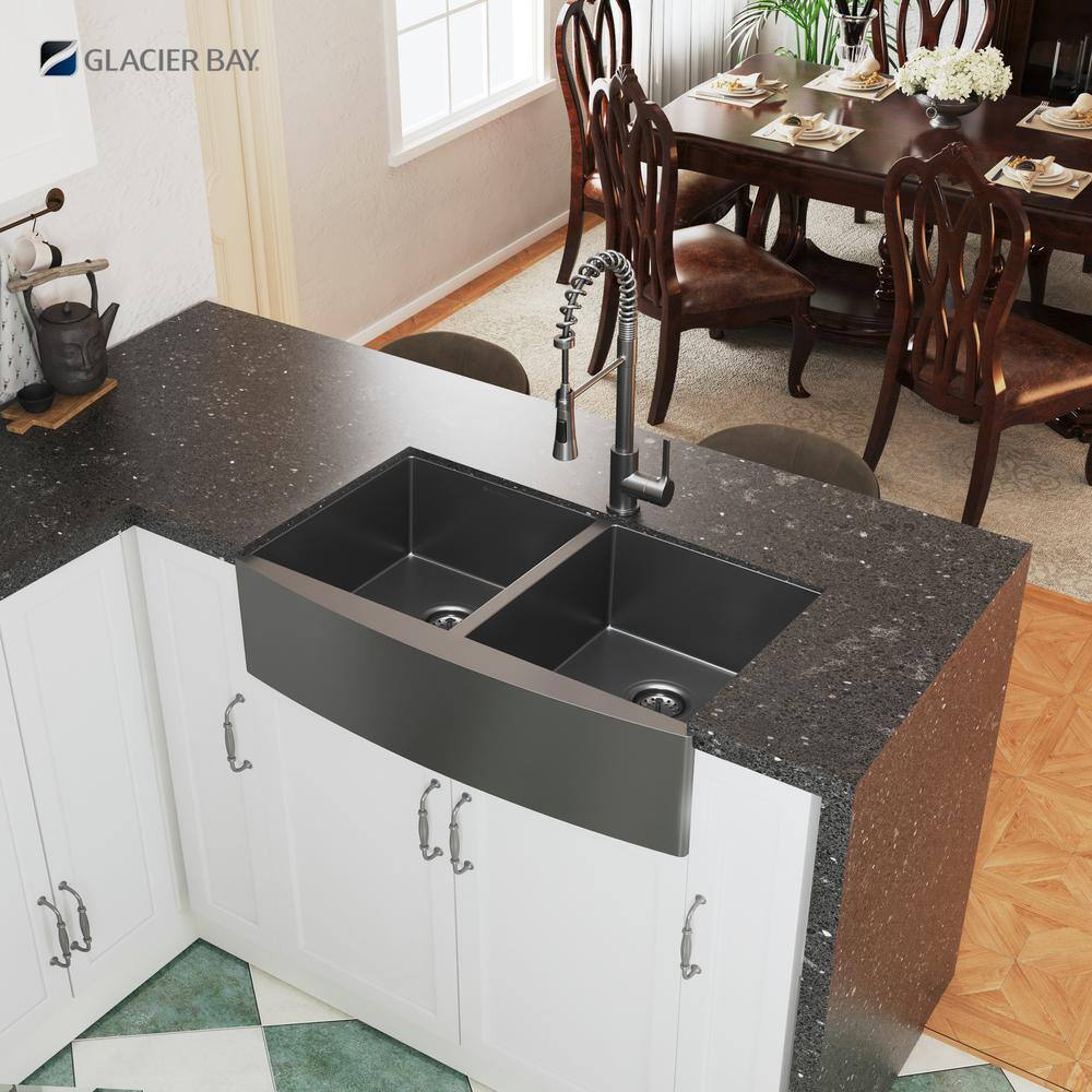 Glacier Bay Gunmetal Black Stainless Steel 36 in. 18-Gauge Double Bowl Farmhouse Apron Kitchen Sink ACS3621A2Q