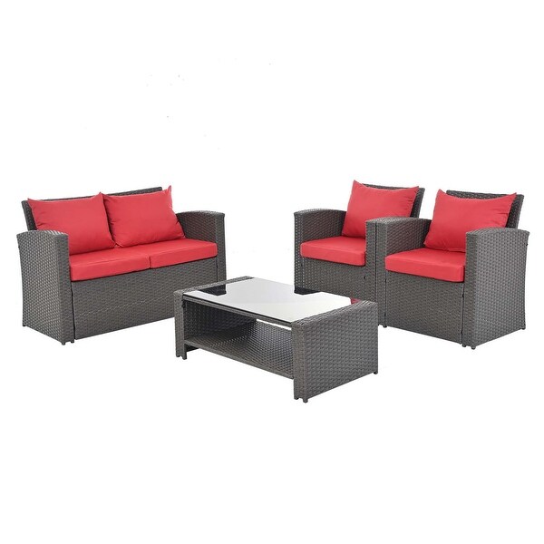 4Piece PE Wicker Patio Conversation Set with Cushions