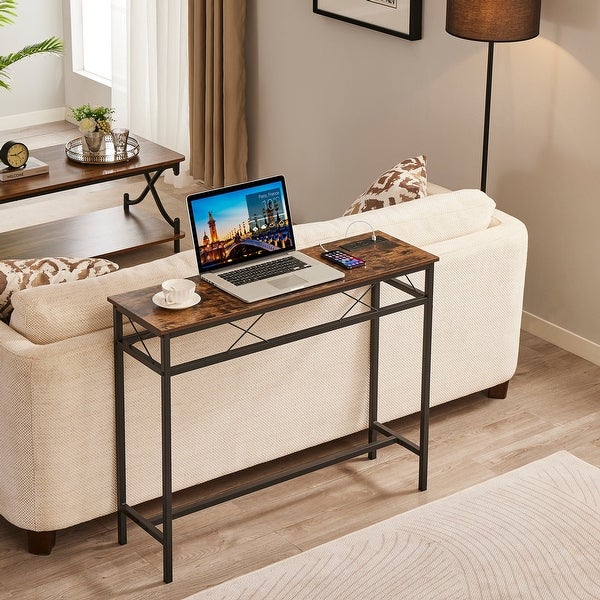 Javlergo Console Table with with Charging Station and USB Ports， Rustic Brown