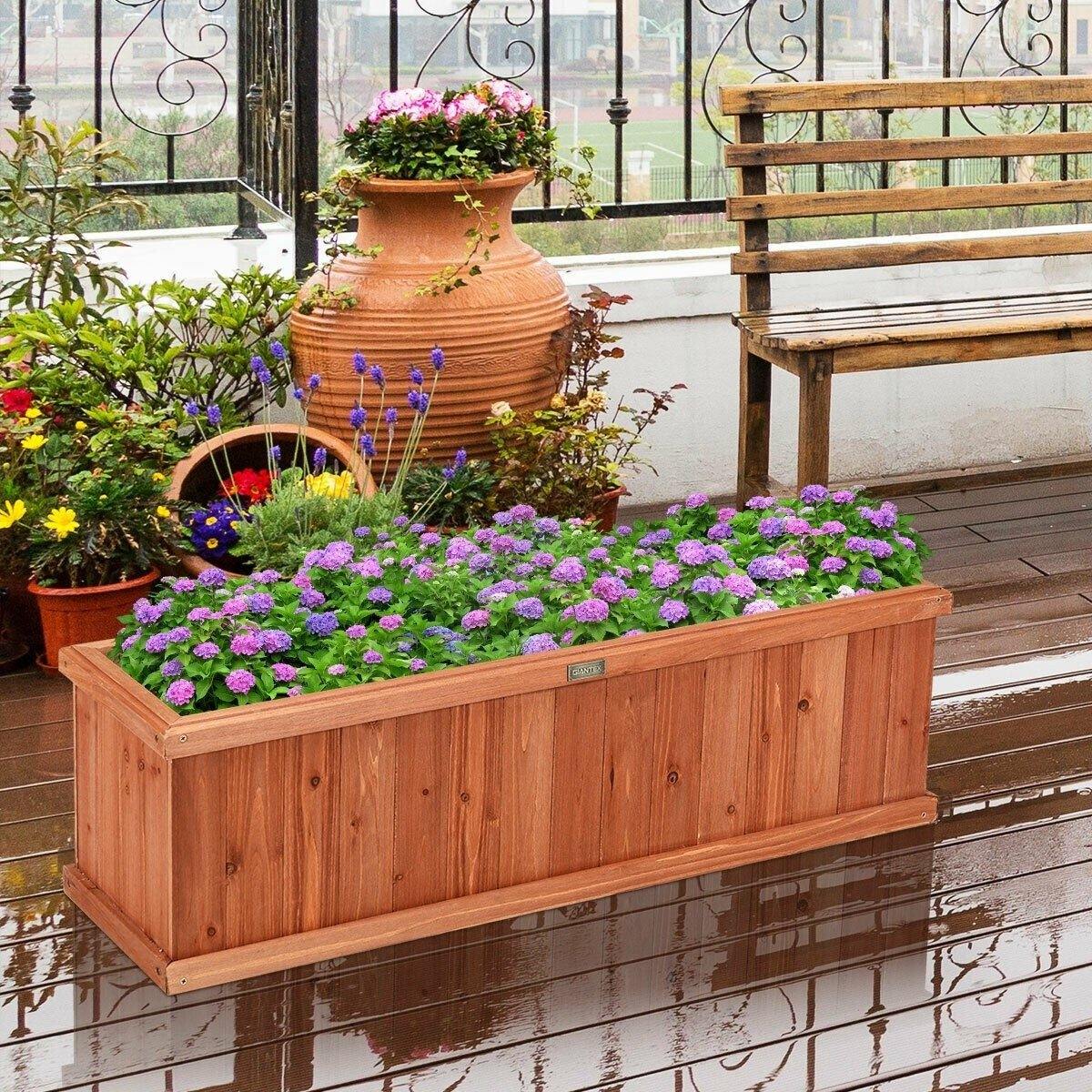 Wooden Raised Garden Bed Mounted Window Box Planter for Flower Vegetable