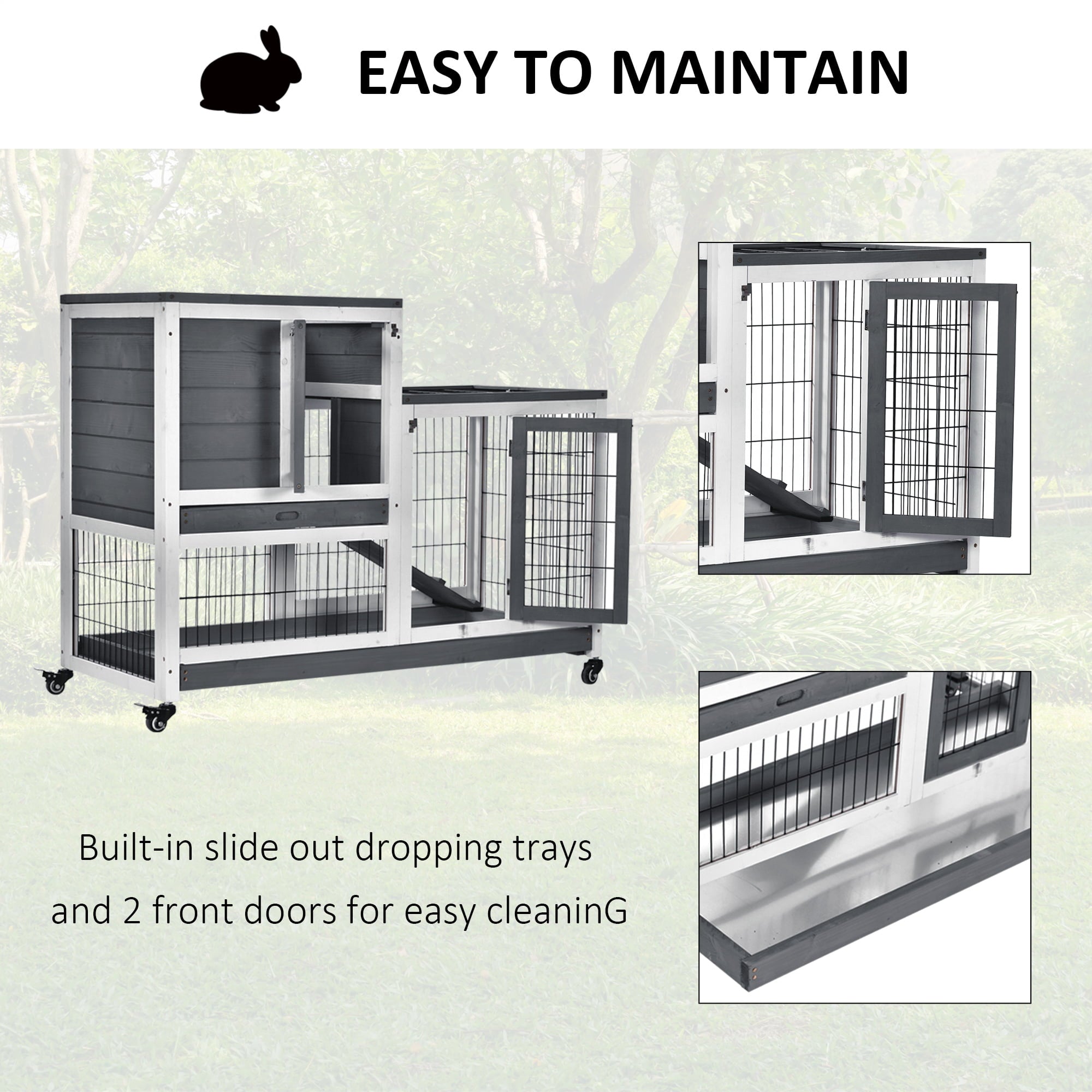 PawHut Wooden Indoor Rabbit Hutch Elevated Bunny Cage with Enclosed Run W/Wheel