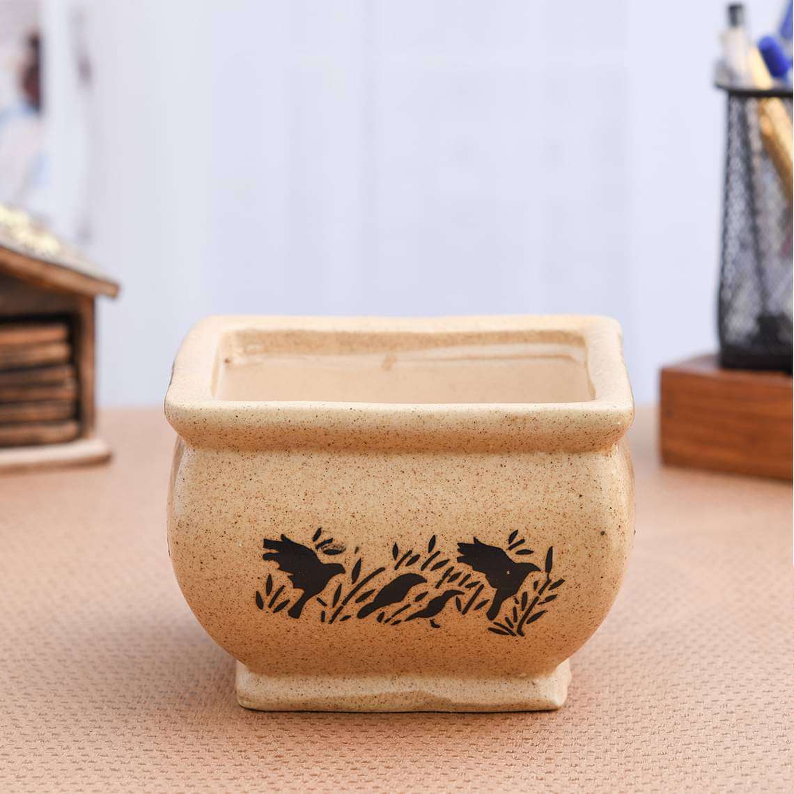 5.1 inch (13 cm) Bonsai Square Ceramic Pot (Brown) (set of 2)