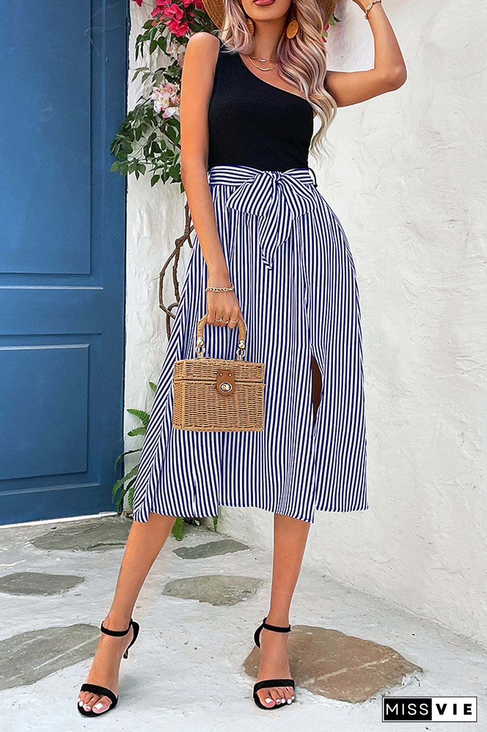 One Shoulder Striped Split Midi Dress