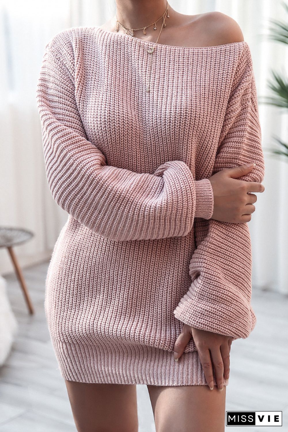 Long Sleeve Knitted Off-shoulder Sweater Dress Women Wholesale