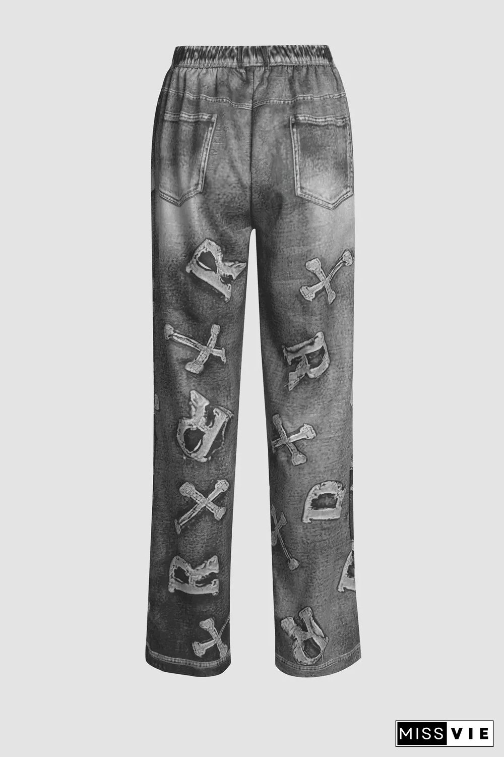 Faux Denim Print High Waist Straight-leg Pants