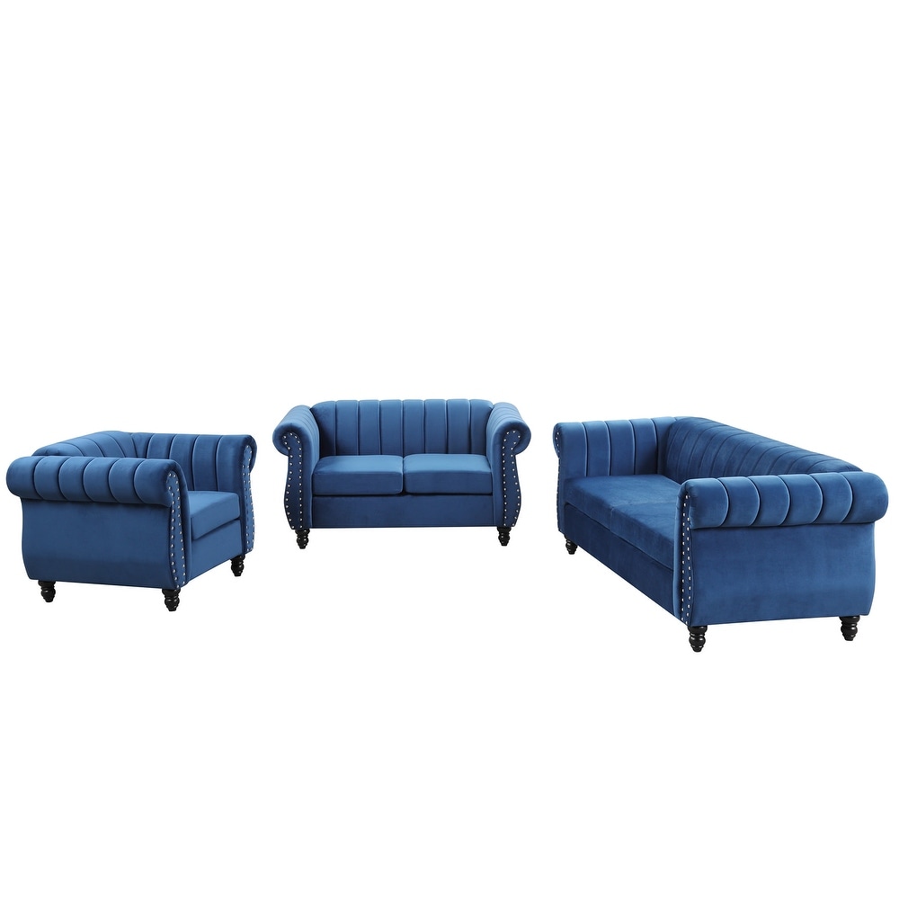 Blue Frosted Velvet Tufted Chesterfield Sofa Set  3 Seater + Loveseat + Single Sofa