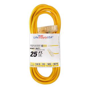 LifeSupplyUSA 25 ft. 123 Wire Gauge 3-Outlet Tri-Source SJT Indoor Outdoor Vinyl Lighted Electric Extension Cord (2-Pack) 2123325FT