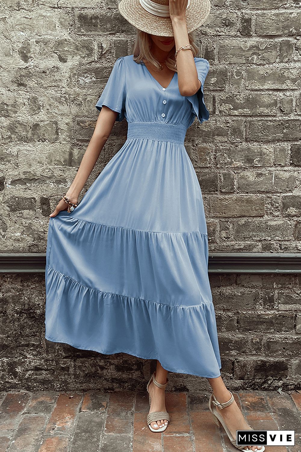 Blue V Neck Button Down High Waist Tiered Maxi Dress