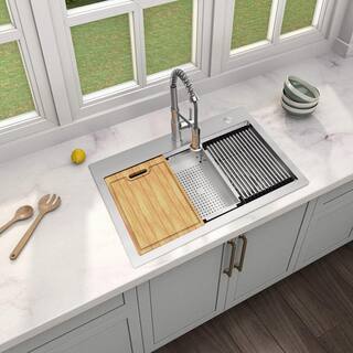 Glacier Bay AIO 33 in. Drop-inUndermount Single Bowl 18 Gauge Stainless Steel Workstation Kitchen Sink with FaucetCutting Board 4332F