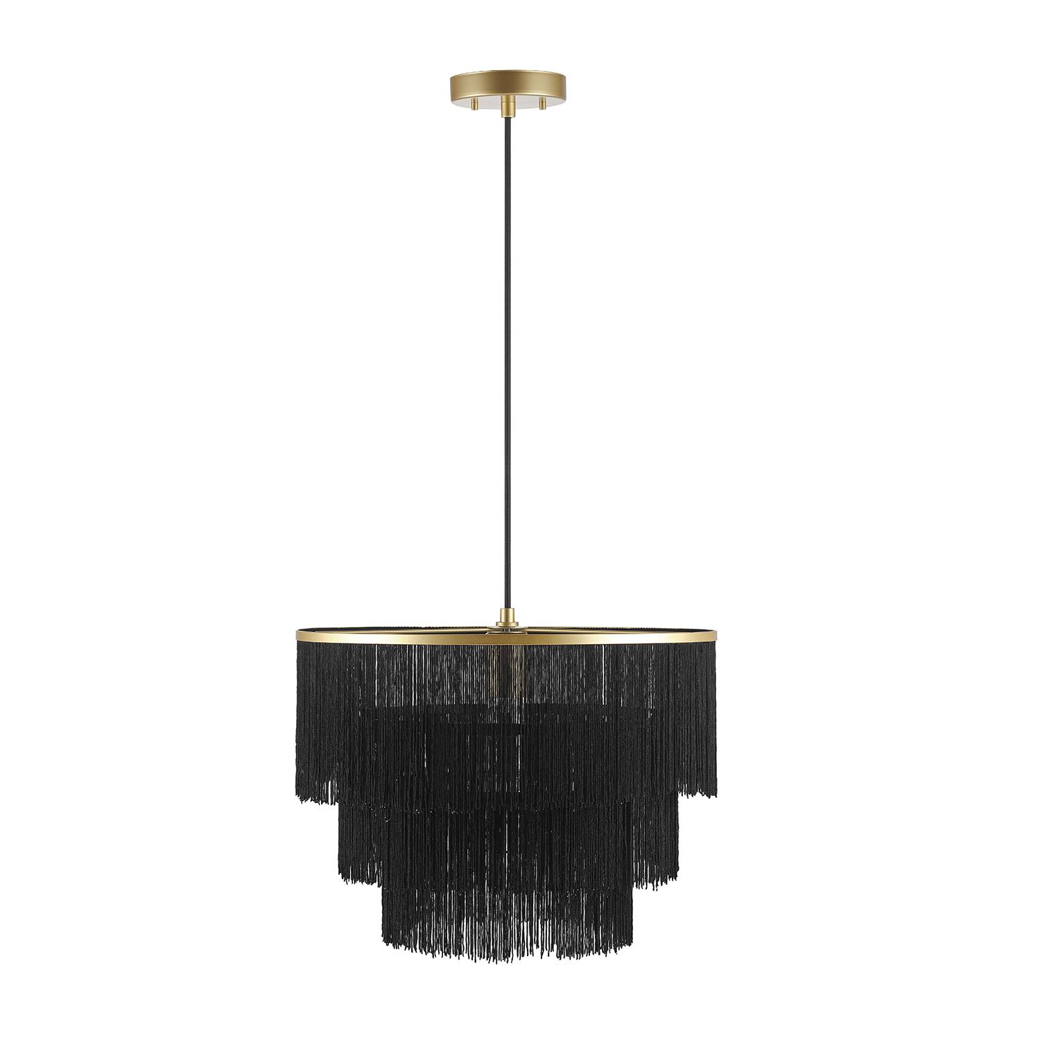 Globe Electric Willow 1-Light Matte Gold Pendant Light with Black Fabric Fringe Shade， 44845