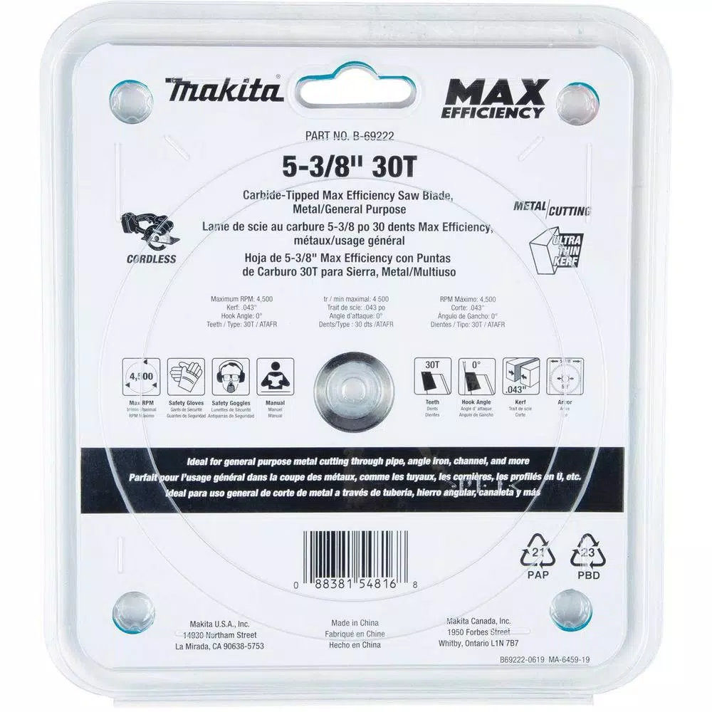 Makita 5-3/8 in. 30T Carbide-Tipped Max Efficiency Saw Blade， Metal/General Purpose and#8211; XDC Depot