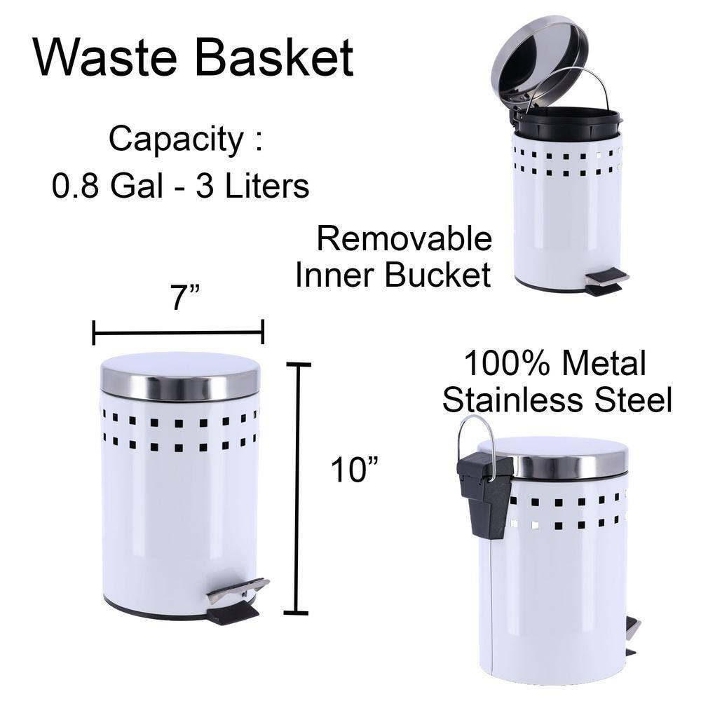 3 l0.8 Gal. Round Perforated Metal Bath Floor Step Trash Can Waste Bin and Stainless Steel Cover and White 6502100