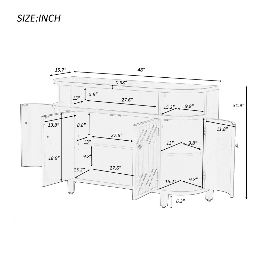 Curved Design Luxury Sideboard Storage Cabinet with 4 Doors and Adjustable Shelves  Buffet Cabinet with Storage for Entrances