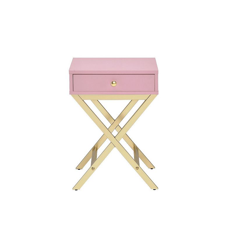 Wood and Metal Side Table with Crossed Base， Pink and Gold