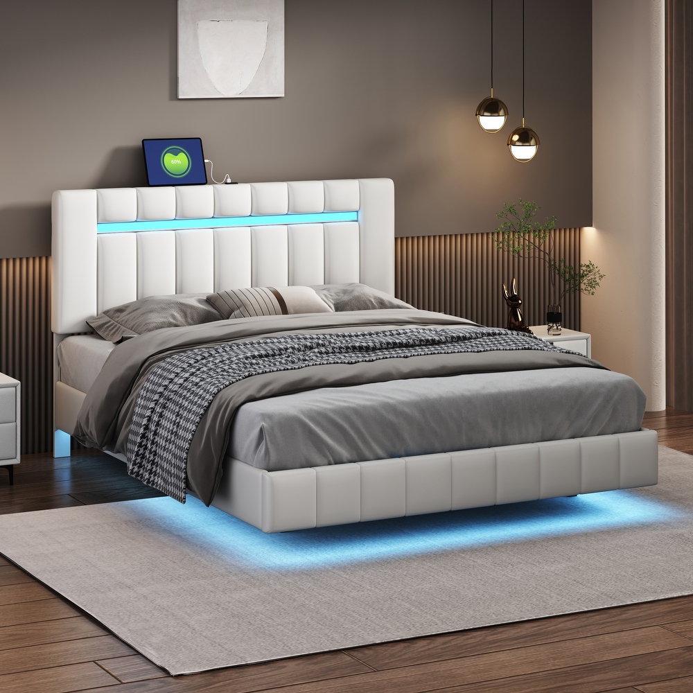 Queen Size PU Leather Upholstered Floating Platform Bed with LED Lights Bed Frame and USB Charging