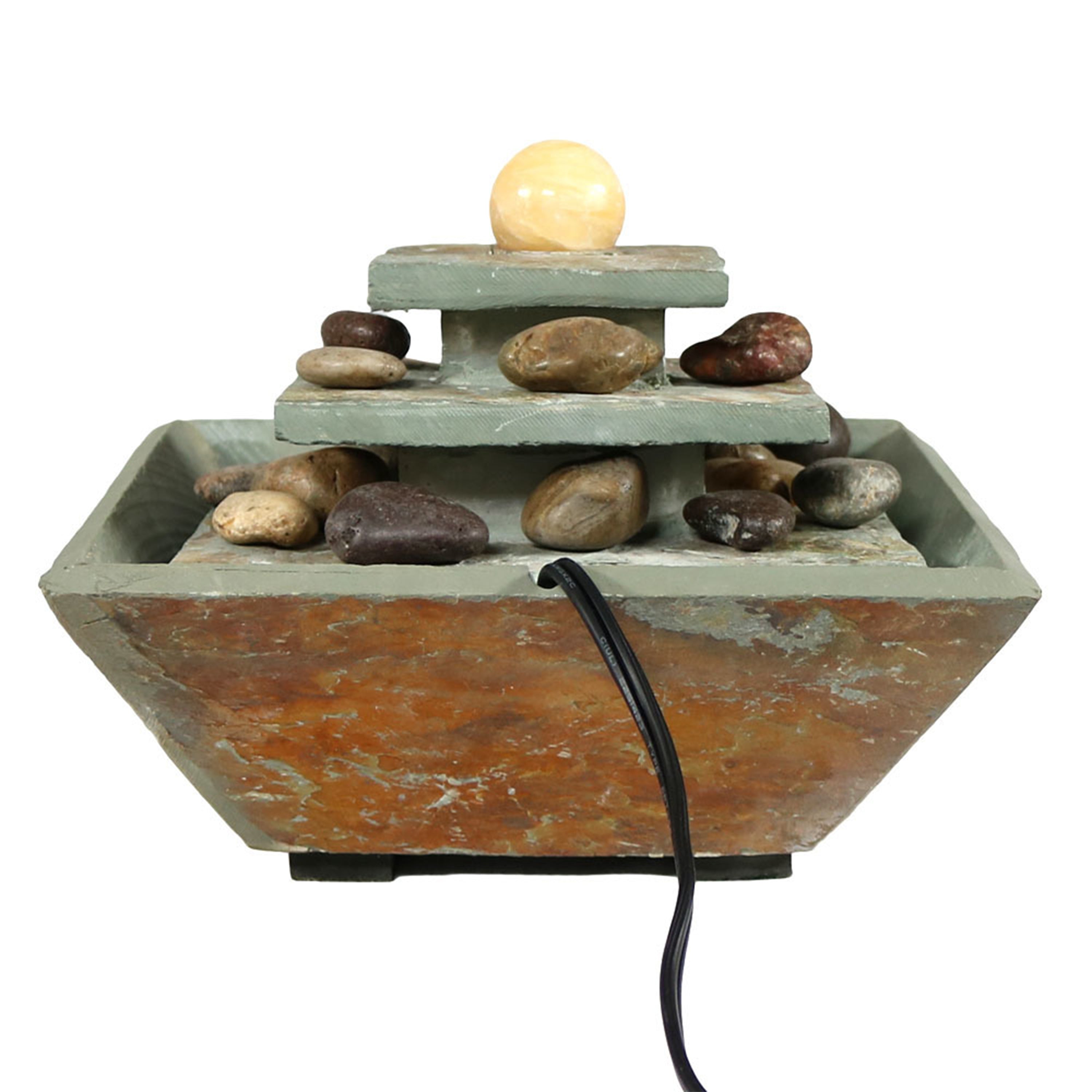 Sunnydaze Indoor Home Office Slate and Polished Stone Ball Tiered Tabletop Water Fountain with LED Light - 8