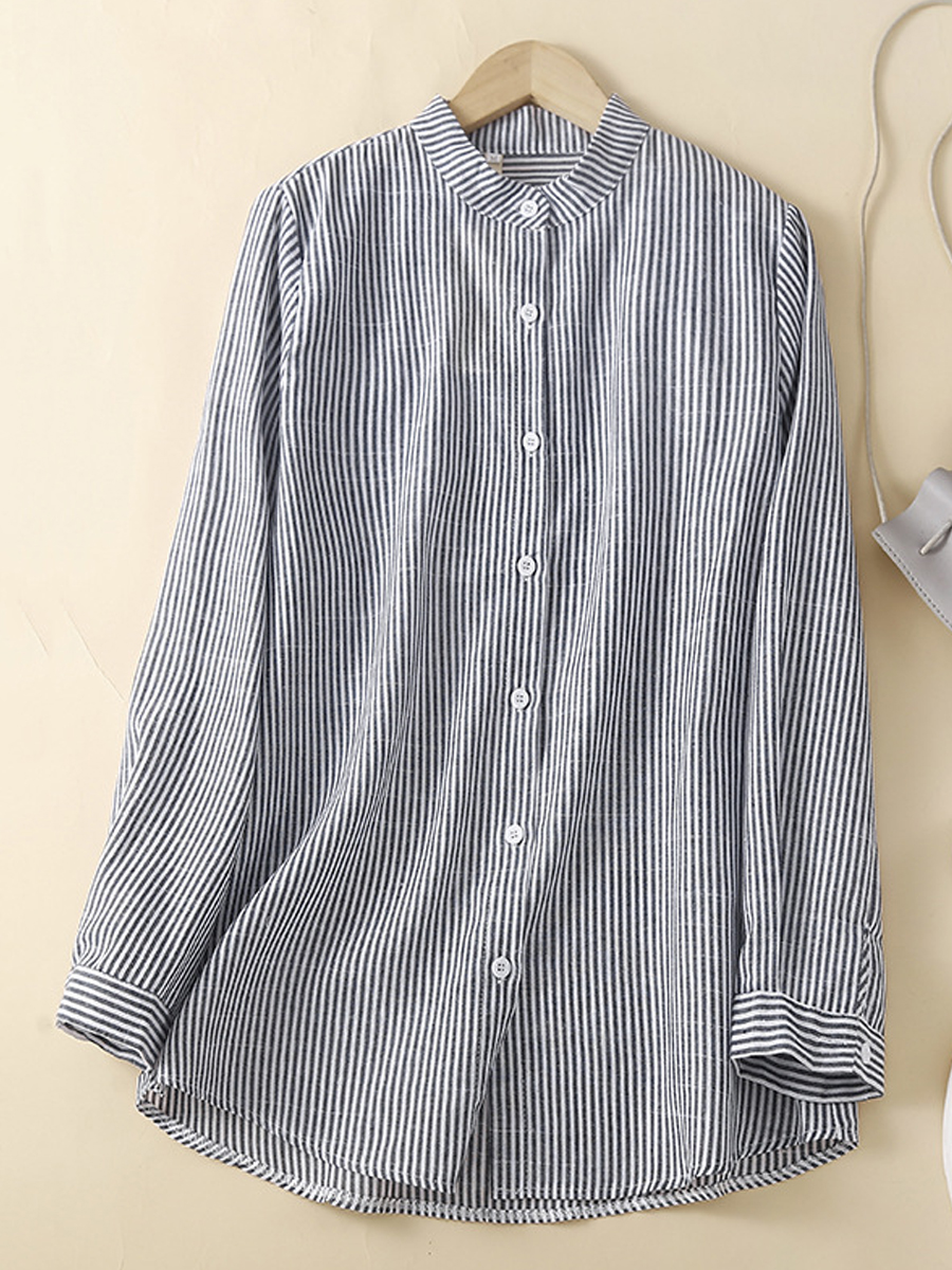 Casual Striped Stand Collar Long Sleeve Shirt