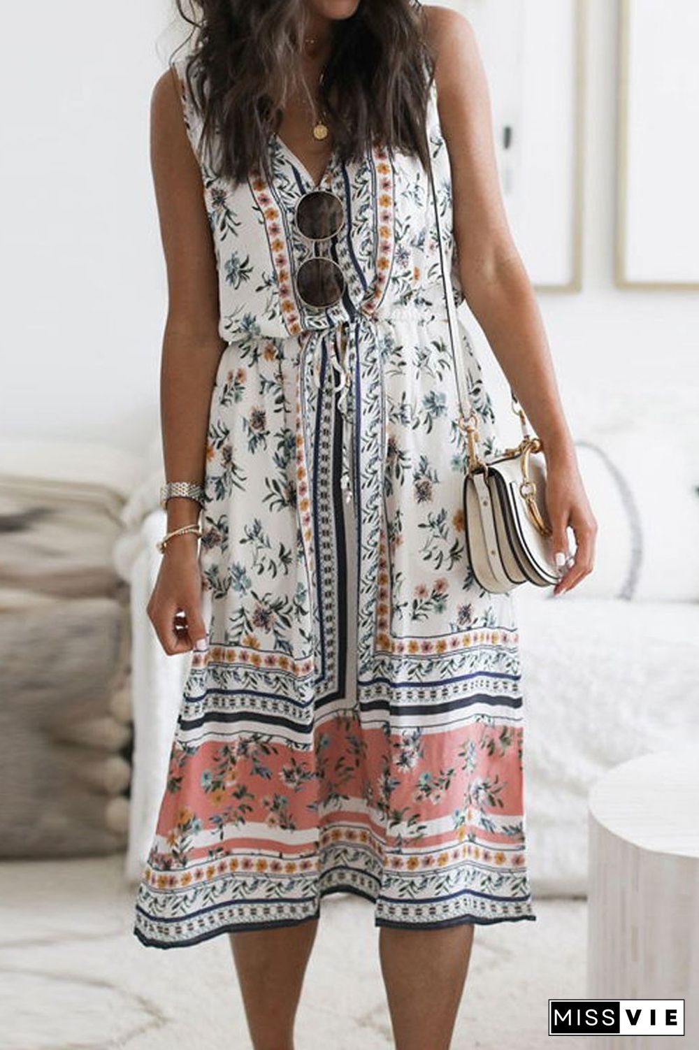 V-Neck Sleeveless Floral Printed Dress