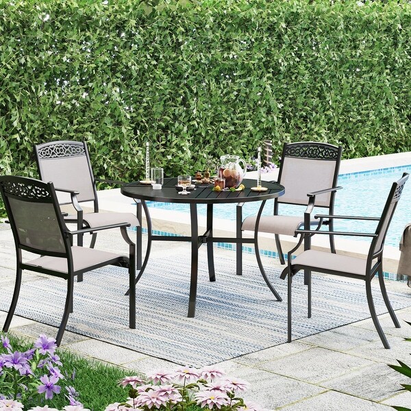 5Piece Patio Dining Sets，4 Swivel chair with Alu Frame and Breathable Textilene Sling Fabric and 1 Round Metal Table