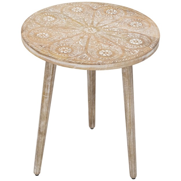 Brushed White Engraved Floral Round Tri Leg Wooden Side Table