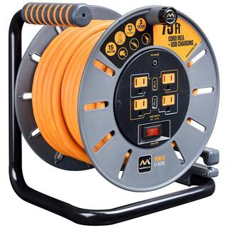 Masterplug 75 ft 15 Amp 12 AWG Large Open Reel with USB Charging and 4-Sockets OLP751512G4SLU