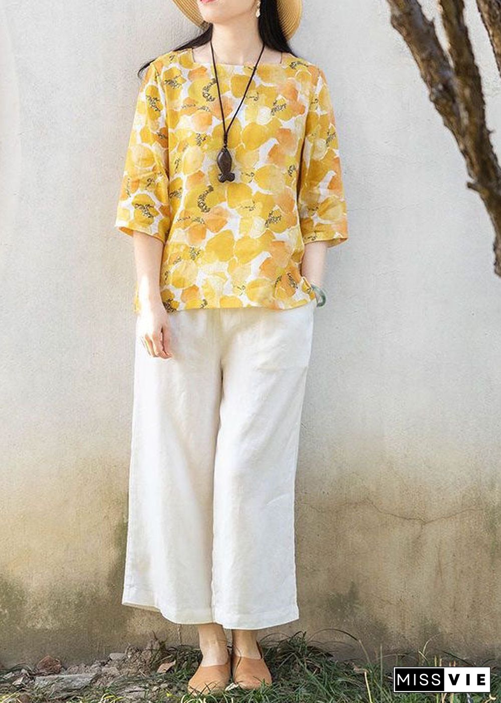 Casual Yellow Square Collar Print Linen T Shirts Top Summer