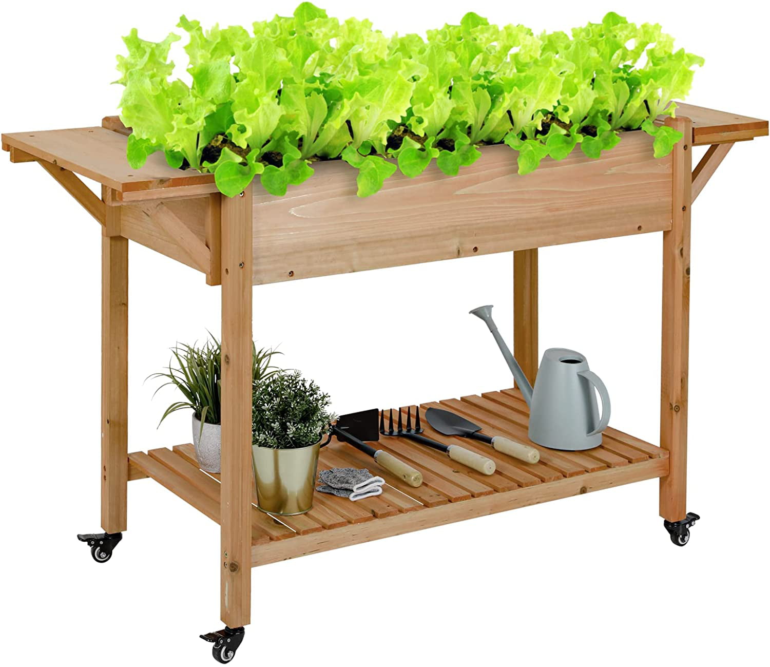 Pirecart Raised Garden Bed Wood Elevated Planter Bed W/ Lockable Wheels