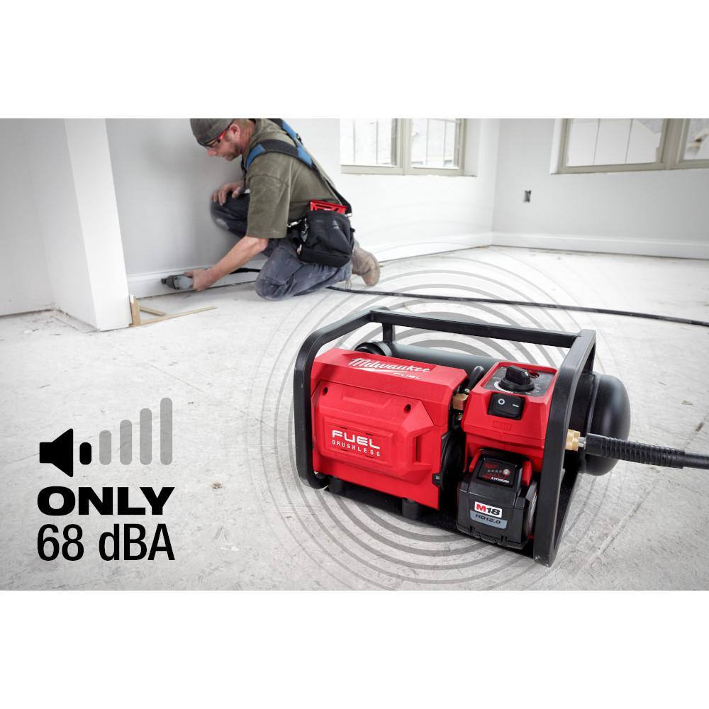 MW M18 FUEL Brushless Electric 2 Gal. Compact Cordless Quiet Air Compressor with Brushless 14 in. Right Angle Die Grinder 2840-20-2485-20