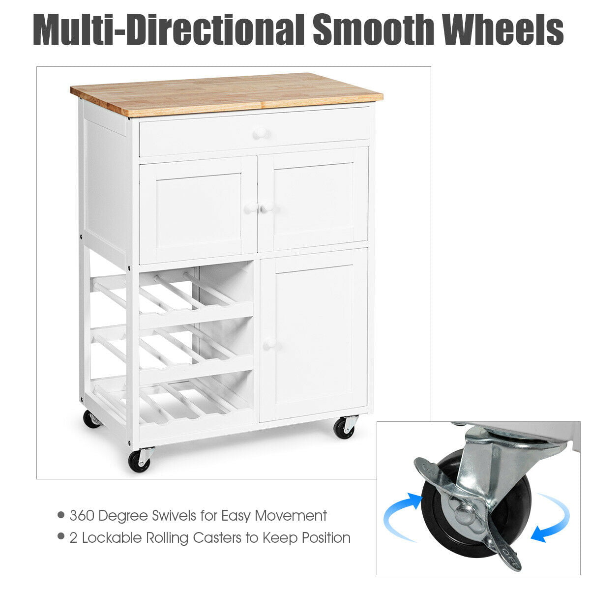 Gymax Modern Rolling Kitchen Cart Trolley Island Storage Cabinet w/DrawerandWine Rack