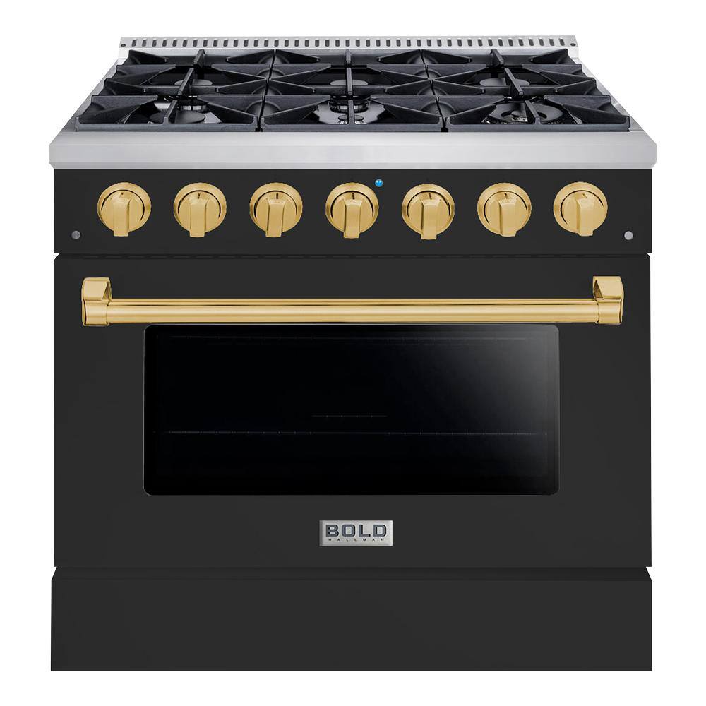 Hallman BOLD 36 in. 5.2 Cu. ft. 6 Burner Freestanding All Gas Range with LP Gas Stove and Gas Oven Matte Graphite Brass Trim HBRG36BSMG-LP