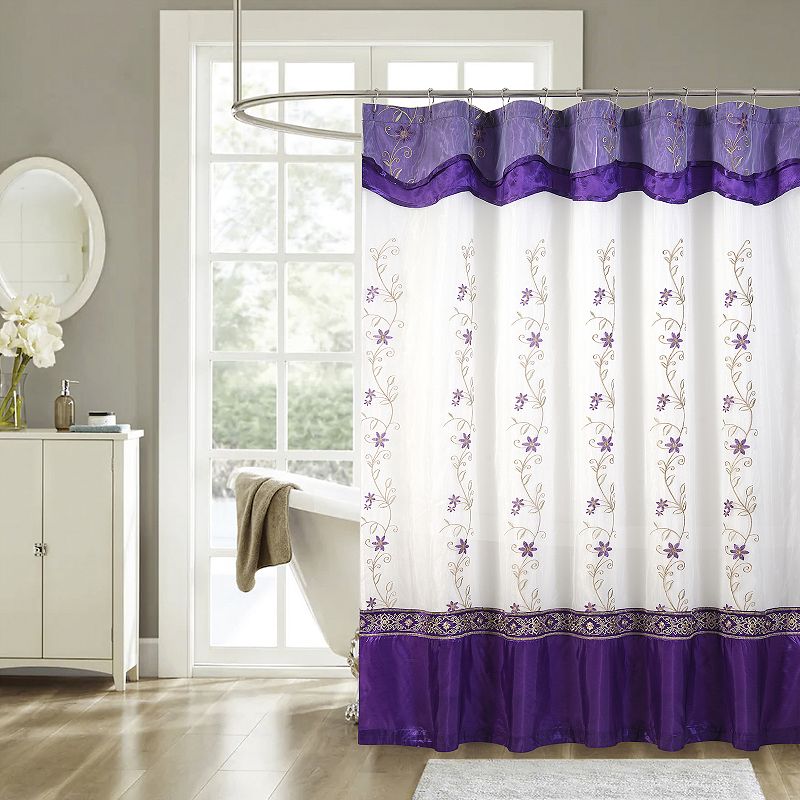 Priscilla Embroidered Shower Curtain With Double Valance