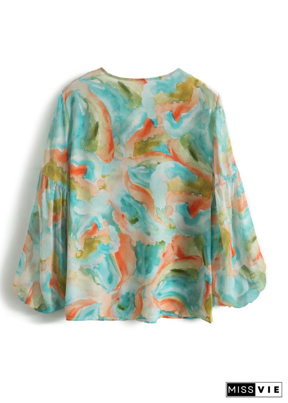 Italian Green V Neck Print Neck Tie Chiffon Shirt Spring