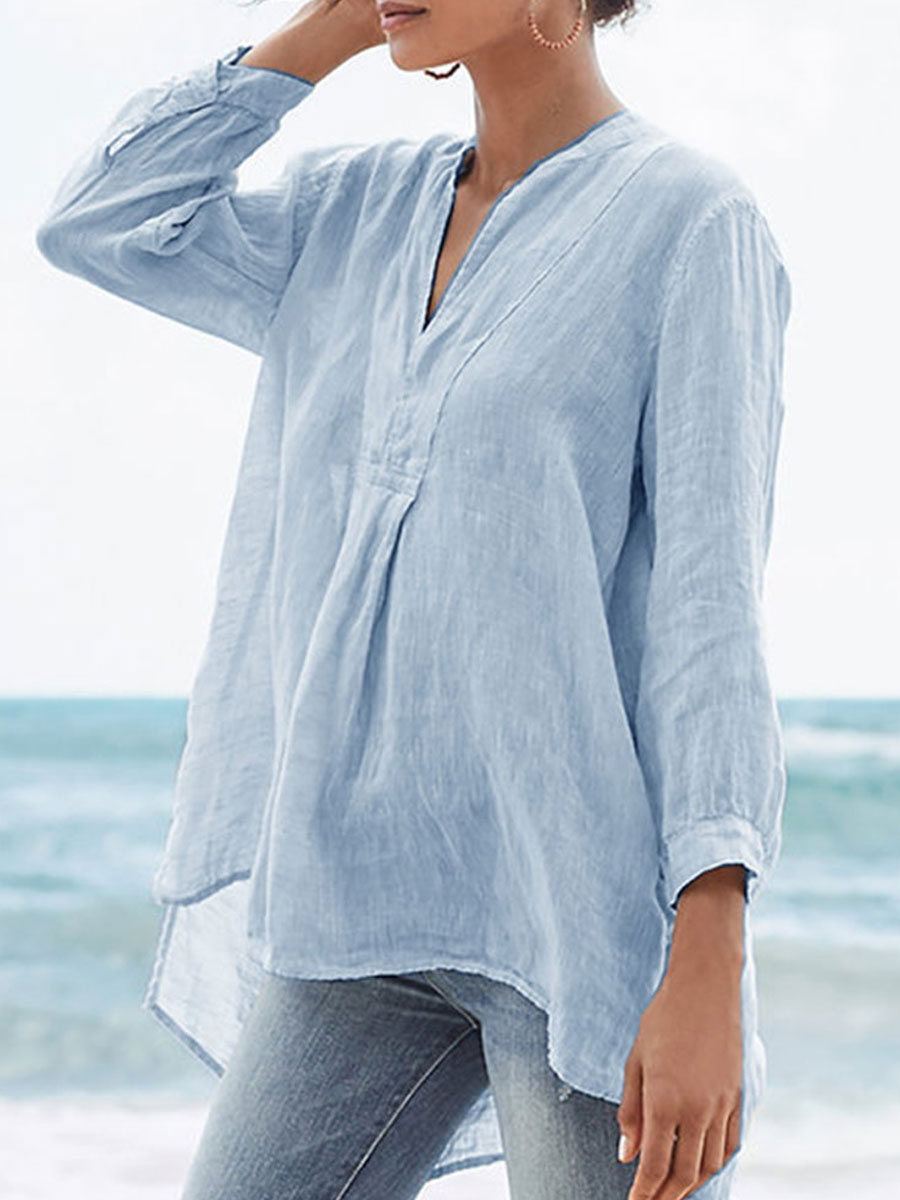 V-neck Loose Casual Solid Color Long-sleeved Blouse