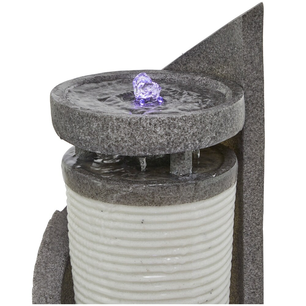 Light Gray Fiberglass 2 Tier Geometric Fountain with LED Light