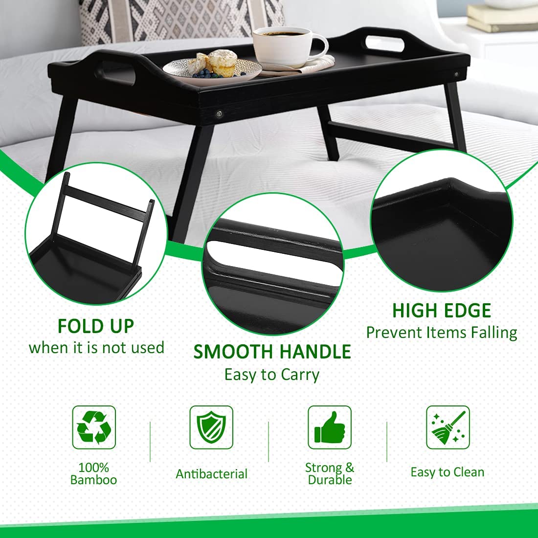 Artmalle Bed Tray Table with Folding Legs Rectangle Kitchen Breakfast Food Tray Platters Black Serving Tray Foldable TV Table,22x10. 2x9Inch