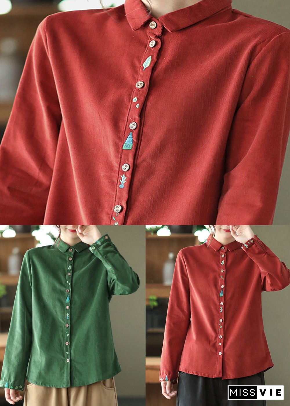 Retro Red Embroideried Patchwork Corduroy Shirt Tops Spring