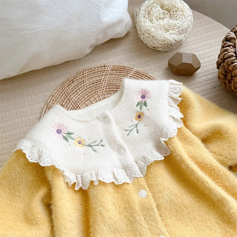 2023 Winter Infant Baby Girls Cute One-pieces Kids Ruched Embroidery Flower Thick Plush Warm Jumpsuits , Newborn Romper 0-24M