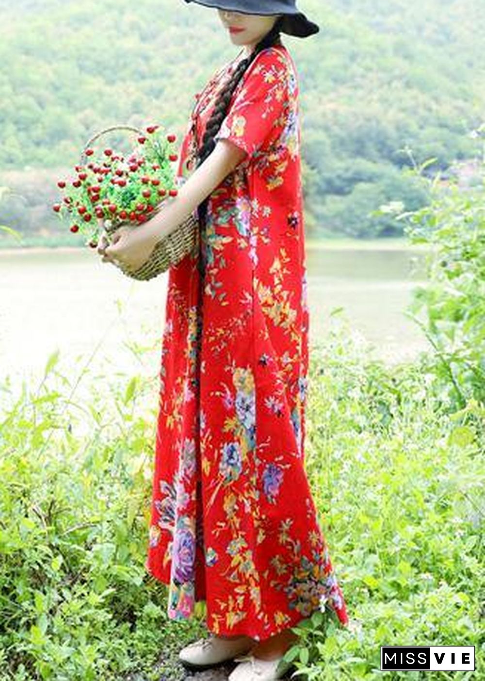 Simple o neck cotton Wardrobes Sewing red prints Traveling Dresses summer