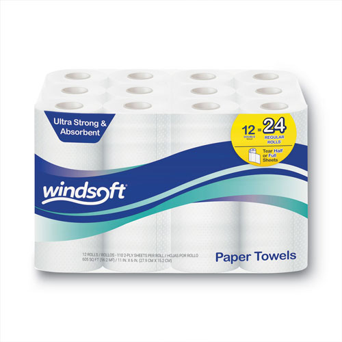 Windsoft Premium Kitchen Roll Towels | 2 Ply， 11 x 6， White， 110