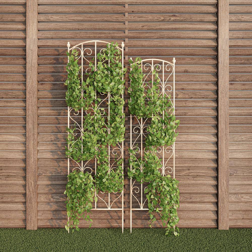 57 in. and 52 in. Garden Trellis with Decorative Scrolls Metal Panels for Climbing Plants in White (Set of 2) 391238RAO