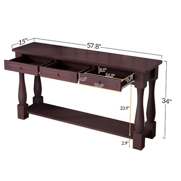 Sofa Table with Storage Drawers and Bottom Shelf， Wood Console Table