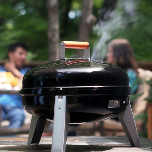 Americana Lock x27 n Go Steel Lightweight Portable Outdoor Camping Charcoal Grill With Interlocking Hood amp Bowl amp Wooden Handle Black