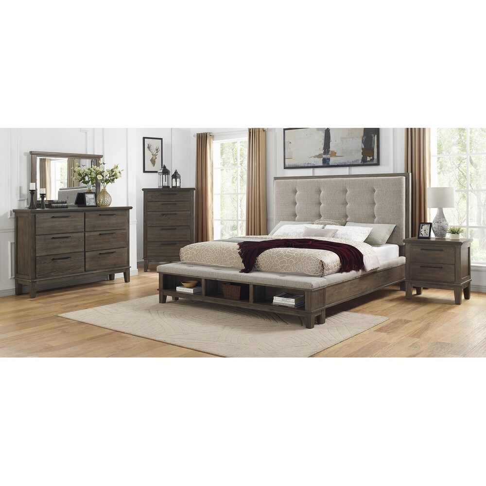 Emma 3 Piece Gray Modern Fabric Upholstered Tufted Shelves Panel Bedroom Set