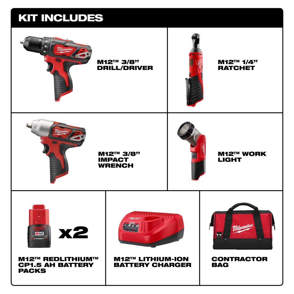 Milwaukee M12 Cordless Lithium-Ion 4 Tool Combo Kit 2493-24 from Milwaukee