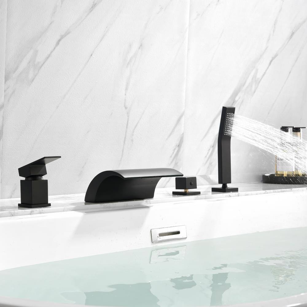 Boyel Living 2-Handle Tub Mount Roman Tub Faucet with Water Supply Lines and Hand Shower in Matte Black SMD-1720B-1