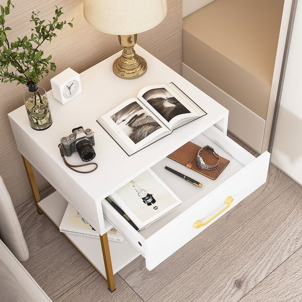 -Drawer Modern Nightstand - Bedside End Table - White/Black|