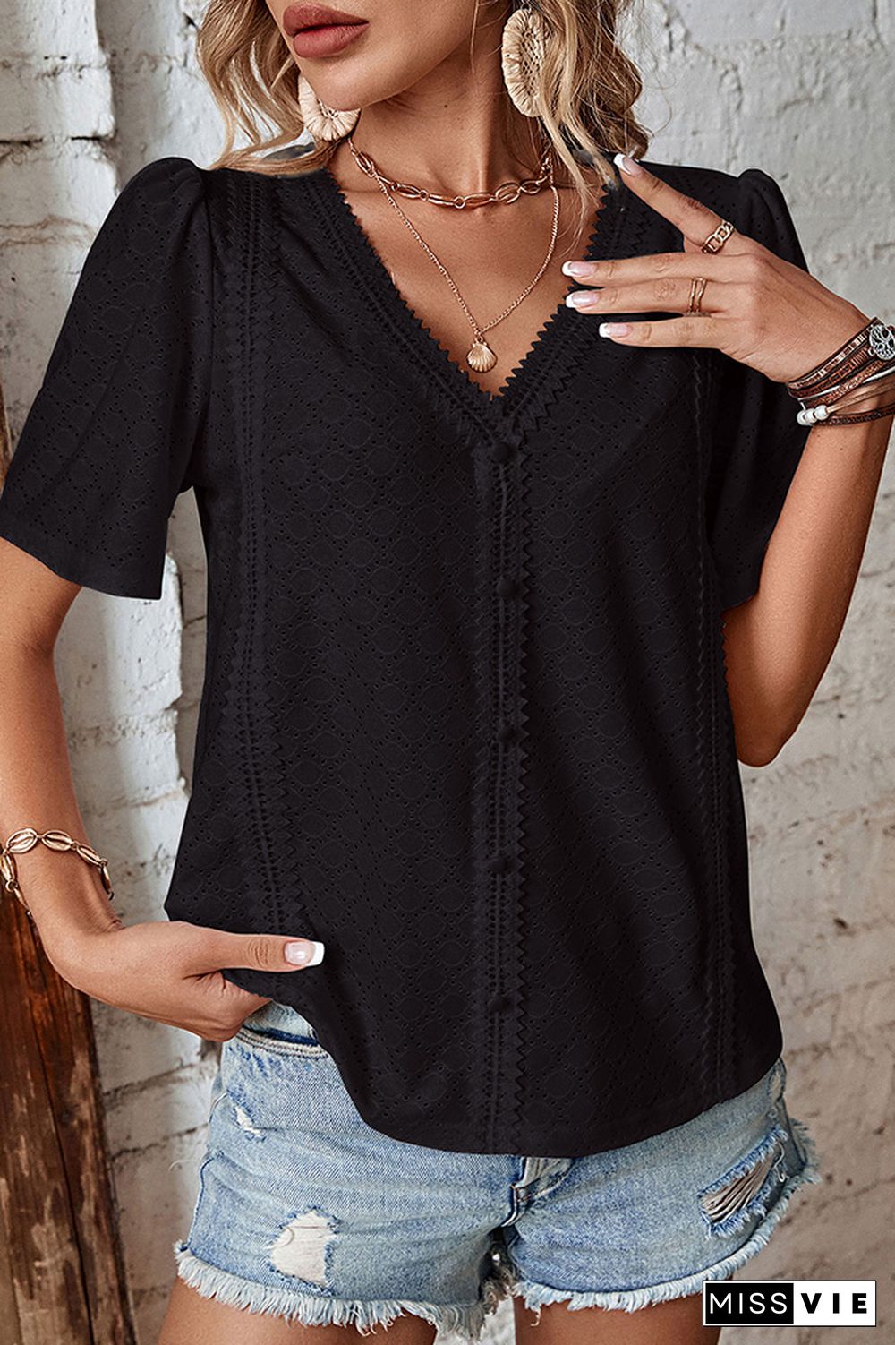 Plain V Neck Lace Edge Textured Buttoned Blouse