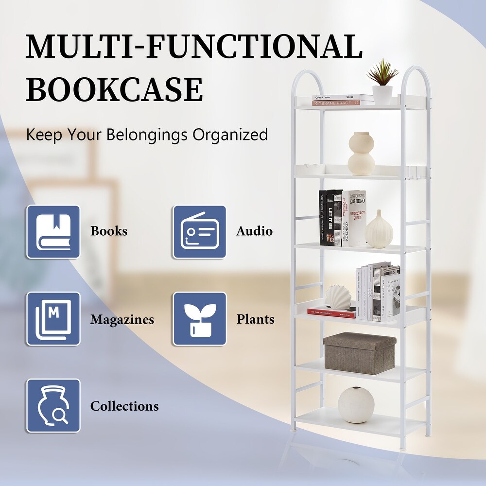 70.8 Inch Tall Bookshelf  MDF Boards 6 tier Shelves with Round Top Frame Adjustable Foot Pads